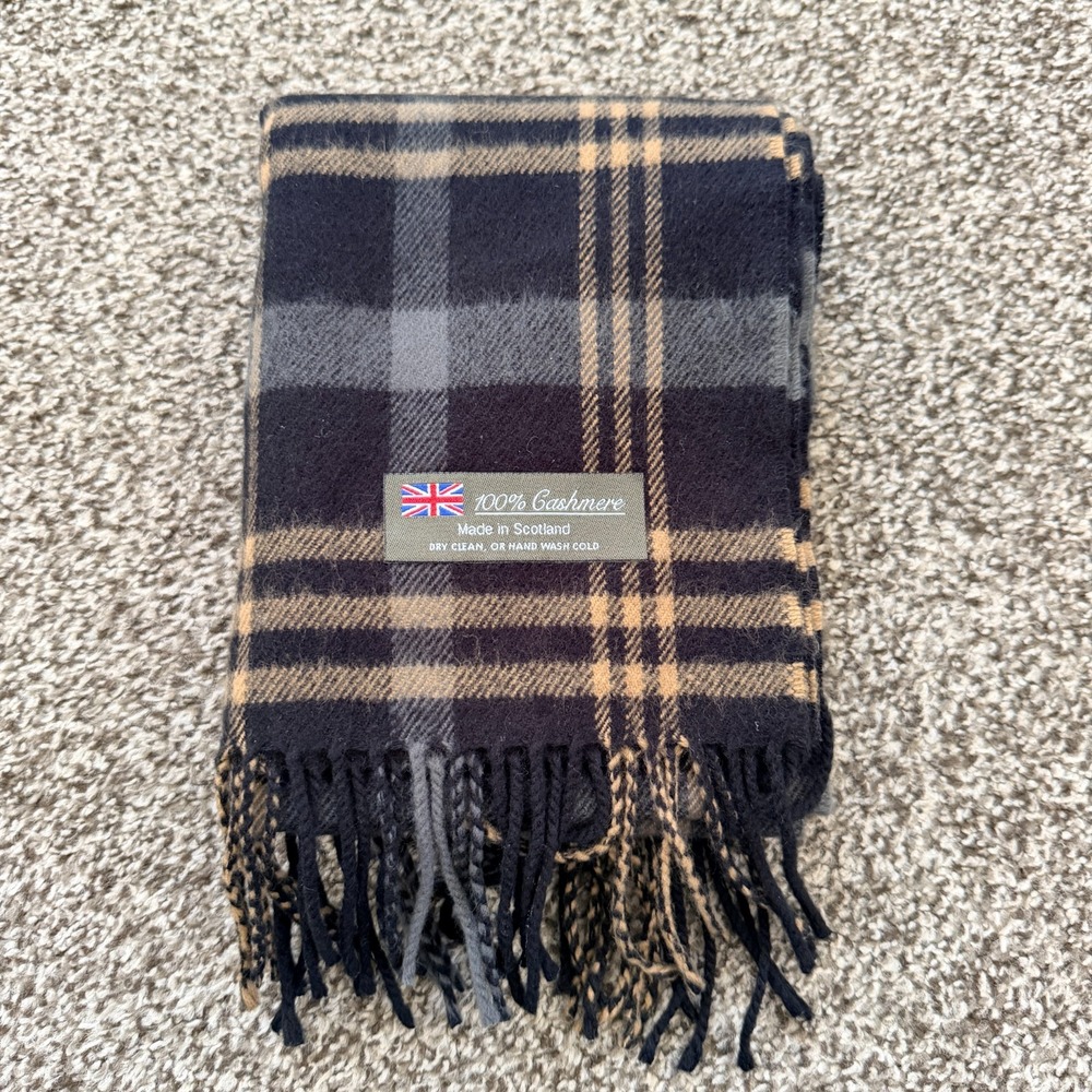 Made in Scotland Cashmere Wool Scarf Plaid Brown Fringe